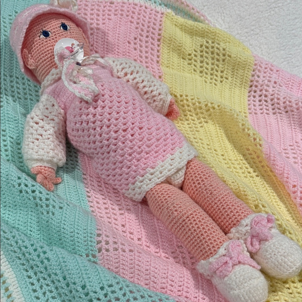 Handmade Crochet Baby Doll With Matching Outfit And Heart Blanket.